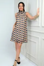 Women's V-Neck Lined Patterned Short Chiffon Dress