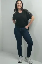 Jean taille haute à jambes droites en lycra pour femme, grandes tailles