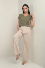 Pantalon palazzo pour femme avec taille élastiquée, poches et détails plissés