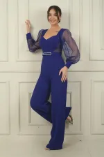 Women's Sweetheart Neckline Long Tulle Sleeved Belted Palazzo Crepe Jumpsuit