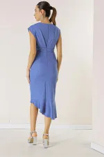 Kruvaze Yaka Önü Volanlı Astarlı Krep Elbise