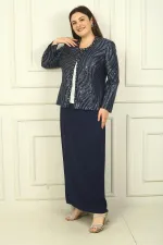 Ensemble 3 pièces grande taille pour femme : veste à sequins, chemisier à manches courtes, jupe longue doublée en crêpe
