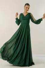 Front Back V Neck Draped Front Sleeves Tulle Lined Wide Body Long Chiffon Dress