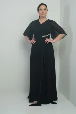 Kadın V Yaka Beli Taşlı Drapeli Astarlı Büyük Beden Uzun Şifon Elbise