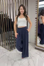 Kadın Beli Lastikli Cepli Lyocell Palazzo Pantolon