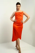 Robe midi asymétrique à bretelles, drapée et doublée pour femme