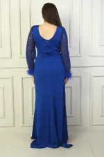 Women's Wrap Neckline, Draped Front, Beaded and Sequin Detail, Feathered Tulle Sleeves, Lined, Plus Size Sandy Long Evening Dress