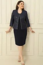 Yaka Taşlı Astarlı Krep Elbise Pulpayet Ceket Büyük Beden İkili Takım