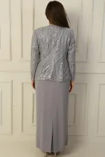 Robe longue à manches demi-lune avec veste en tulle brodée de perles et de sequins, doublée, ensemble deux pièces grande taille