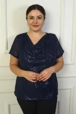Kadın Degaje Yaka Astarlı Pulpayet Büyük Beden Bluz