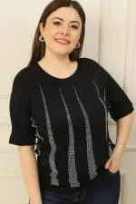 Kadın Piramit Taşlı Kısa Kollu Büyük Beden Bluz