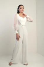 Women's Sweetheart Neckline Long Tulle Sleeved Belted Palazzo Crepe Jumpsuit
