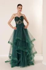 Long, Layered Tulle Taffeta Evening Dress with Beaded Embellishments