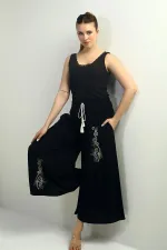 Kadın Beli Lastikli Cepli Nakış Detaylı Palazzo Pantolon