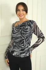 Women's Asymmetrical Neckline, Gathered Waist, Snake Pattern Tulle Blouse