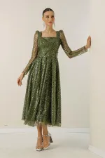 Square Neck Long Sleeve Lined Sequin Beaded Dress