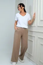 Pantalon palazzo pour femme avec taille élastique, cordon de serrage et poches latérales