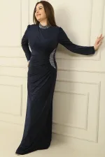 Plus Size Long Hijab Dress with Stone Embellished Collar and Sides, Lined and Gathered