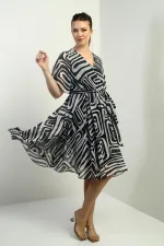 Women's Wrap Neckline Belted Lined Geometric Pattern Chiffon Dress