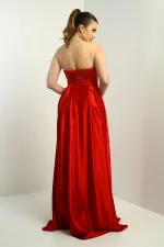 Kadın Straplez Astarlı Önü Balen Biyeli Cepli Kloş Uzun Saten Abiye Elbise