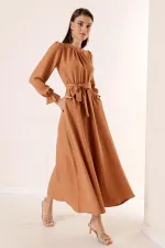 Beli Kuşaklı Yandan Cepli Keten Efekt Uzun Elbise