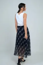 Kadın Yanları Kısa Astarlı Ekose Uzun Tül Etek