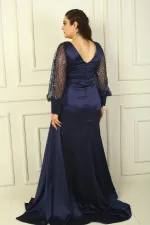 Göğsü Ve Yakası Boncuk İşlemeli Astarlı Büyük Beden Uzun Saten Abiye Elbise