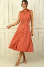 Önü Düğmeli Beli Kuşaklı Uzun Elbise