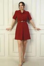 Button-front, short-sleeved, belted A-line pleated dress