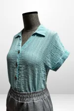 Kadın Polo Yaka Kendinden Desenli Keten Gömlek