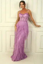 Robe bustier à bretelles perlées, doublure à franges et long tulle