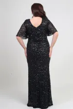 Kadın Degaje Yaka Kısa Kollu Astarlı Pullu Büyük Beden Likralı Elbise