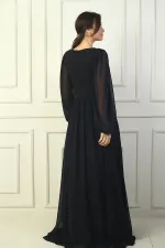 Önden Bağcıklı Balenli Astarlı Uzun Şifon Elbise