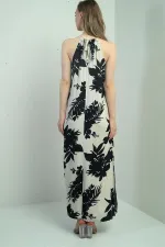 Kadın Halter Yaka Bağlamalı Çiçek Desenli Cepli Uzun Elbise