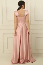 Askılı Taş Detaylı Kare Yaka Astarlı Uzun Saten Elbise