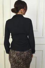 Wrap Collar, Cuff Button Detail Crepe Satin Blouse