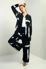 Women's Side Slit Tunic Shirt, Elastic Waist Pocketed Paazzo Pants, Brush Pattern Oversize 2-Piece Set