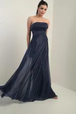 Kadın Yakası Süngerli Astarlı Simli Uzun Tül Elbise