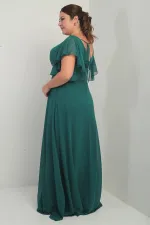 Robe en mousseline grande taille pour femme, décolleté en V devant et dos, manches à volants, ceinture doublée et poches.