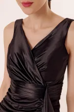 Draped, Flounced Front, Lined, Wide-Size, Long Satin Dress