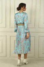 Women's Double-Breasted Waist Belted Lined Floral Pleated Satin Dress