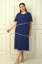 Women's Plus Size Dress with Stone Embellishments, Lined, Short Sleeves, and Three Layers of Chiffon.