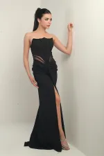 Robe longue bustier pour femme avec détails perlés et doublure transparente à la taille