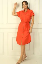 Double-pocket, button-front, belted linen-effect dress.