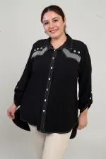 Kadın Kuş Gözlü Fileli Kol Katlamalı Büyük Beden Uzun Gömlek