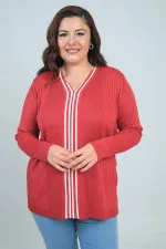 Chemisier grande taille en maille côtelée rayée à col en V pour femme