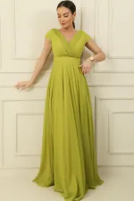 Kruvaze Yaka Tırnak Kol Tam Daire Kloş Astarlı Şifon Tül Uzun Elbise