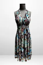 Kadın Boyundan Bağlamalı Astarlı Küçük Çiçekli Elbise