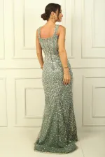 Robe longue transparente à bretelles épaisses et armatures pour femme, avec pierres et paillettes