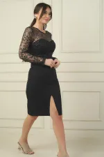 Kadın Üstü Tül Yaprak Flok Baskılı Kemerli Kısa Krep Elbise